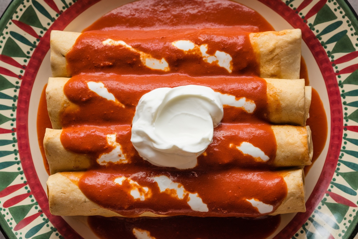 Plate of spicy chicken enchiladas topped with sour cream