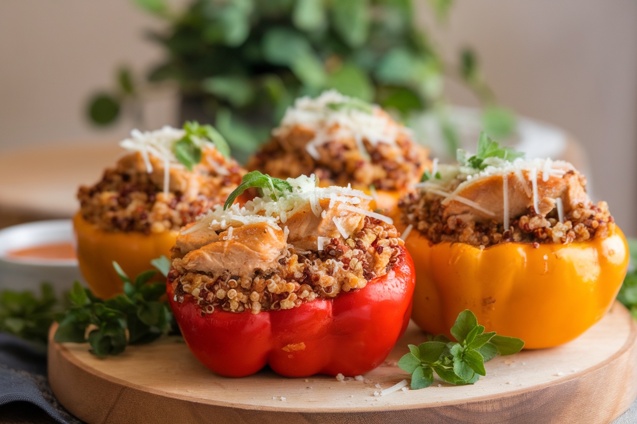 Stuffed bell peppers filled with chicken and quinoa, garnished with cheese and herbs.