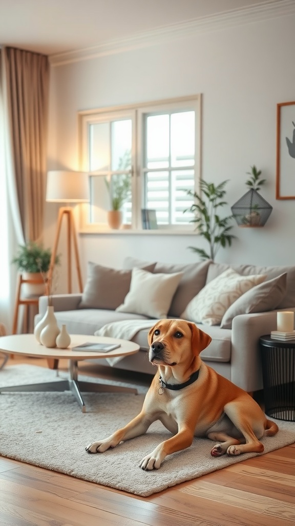 A calm living room with a relaxed dog on a rug, emphasizing the importance of a peaceful environment for managing barking.