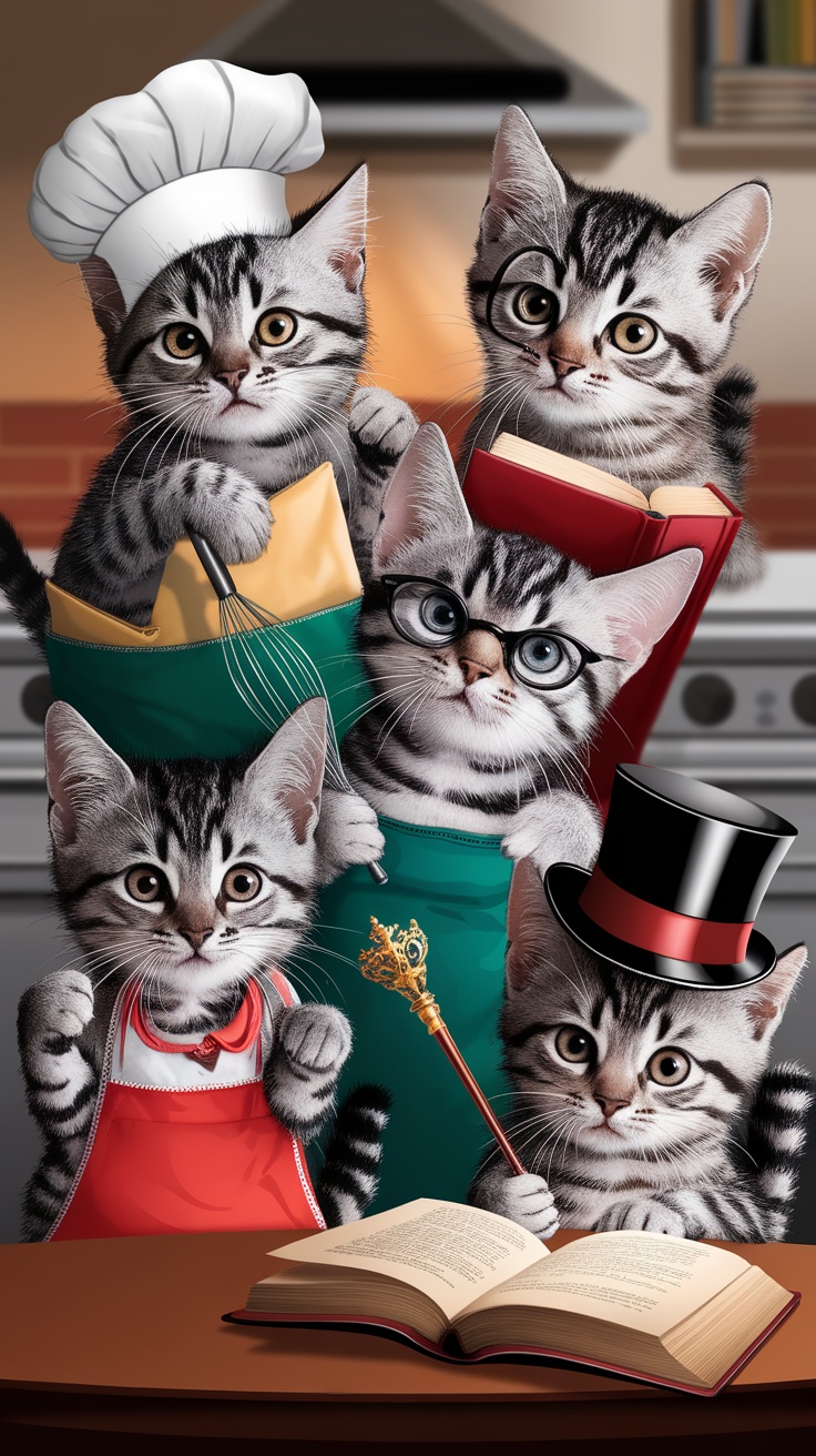 Five adorable kittens in funny outfits, acting silly in a kitchen setting.