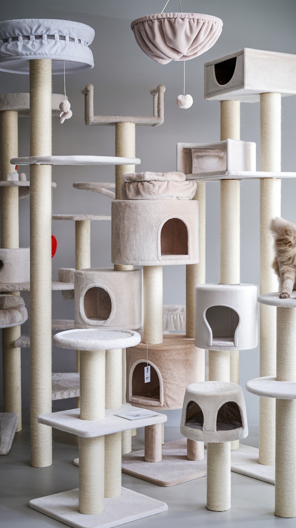 A collection of stylish cat trees featuring sisal rope for scratching and soft fabric surfaces.