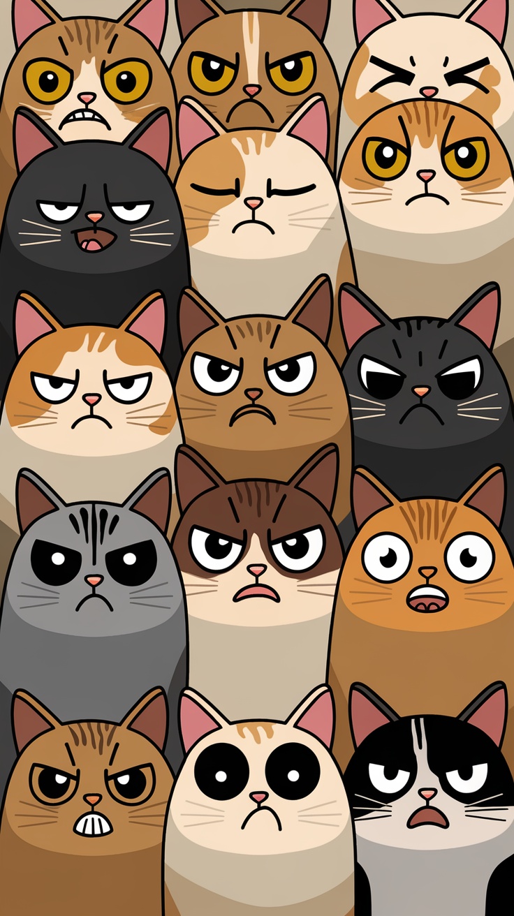 A collage of cartoon cats showing various funny and angry expressions.