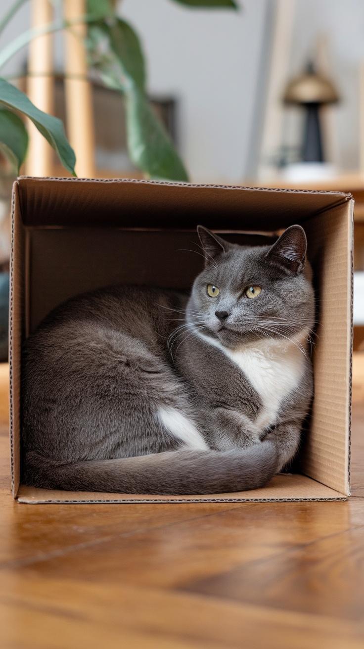 A cat sitting comfortably in a cardboard box, looking content.