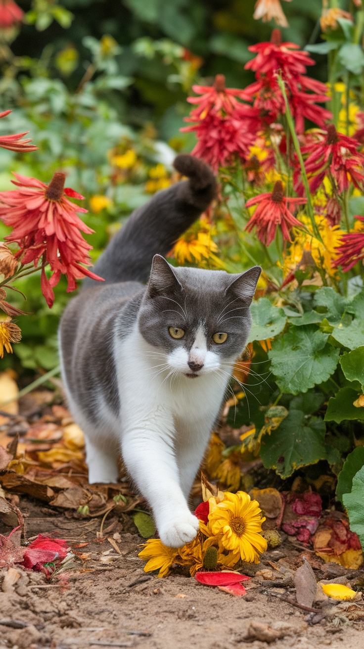 A cute gray and white cat walking among colorful flowers in a garden.