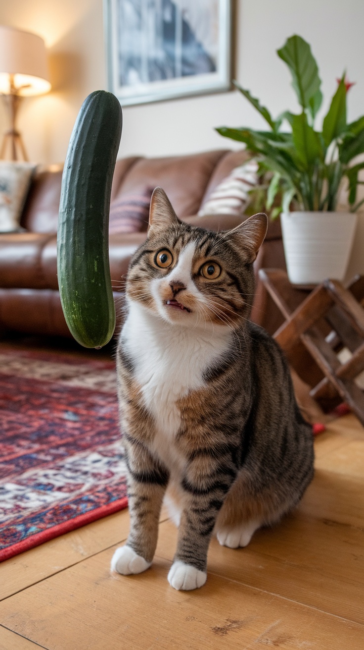 A surprised cat looking at a cucumber in a living room.