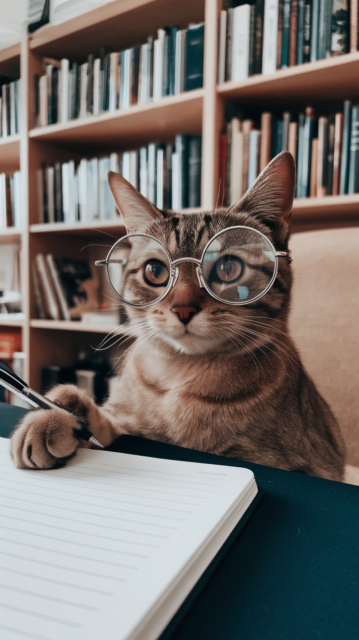 A cat wearing glasses, sitting at a desk with a pen and notebook, looking focused.