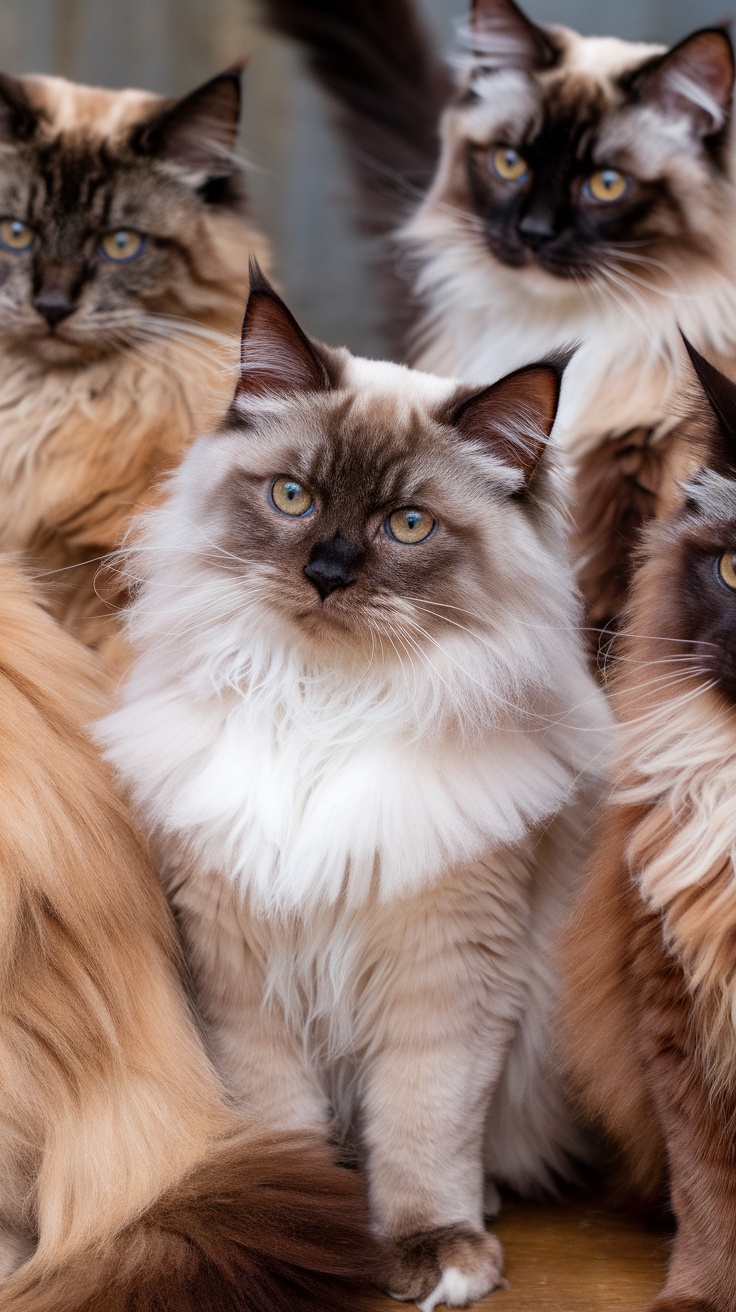 A group of Ragdoll cats displaying their distinctive brown color patterns