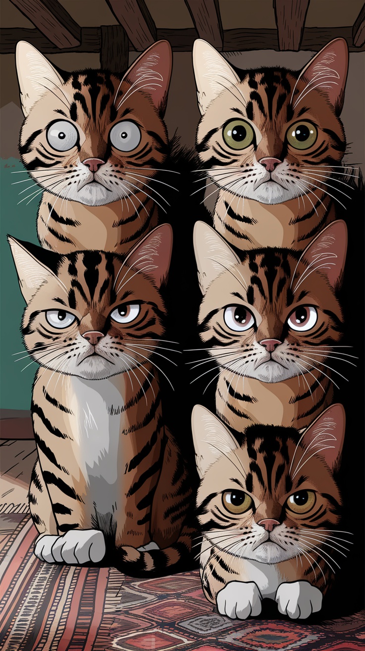 A stack of six cartoon cats with various dramatic expressions.