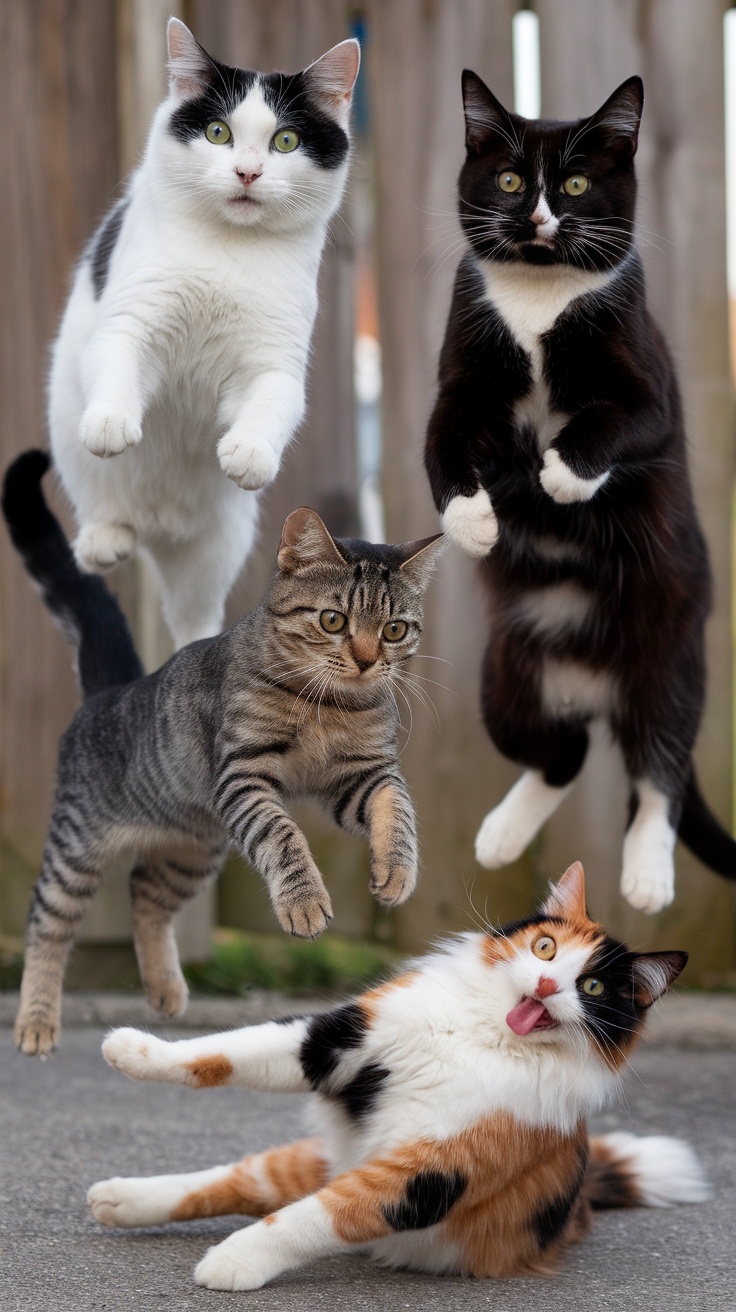 Four cats jumping and falling in funny poses.