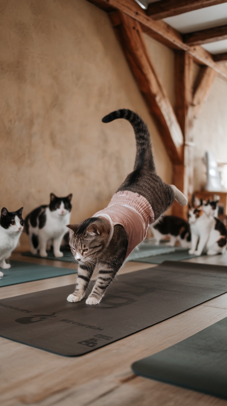 A cat attempting yoga while other cats watch, showcasing funny cat memes.