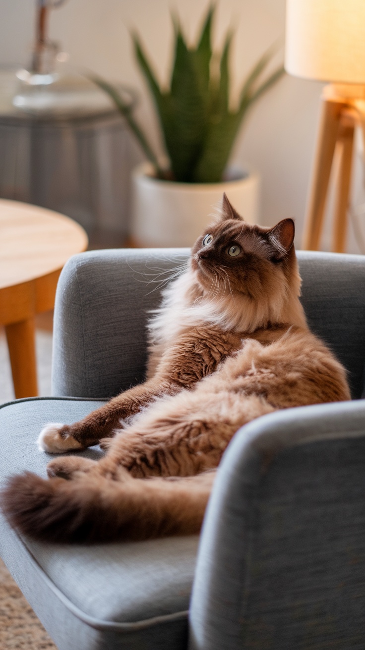 A brown Ragdoll cat lounging on a chair, showcasing its gentle personality.