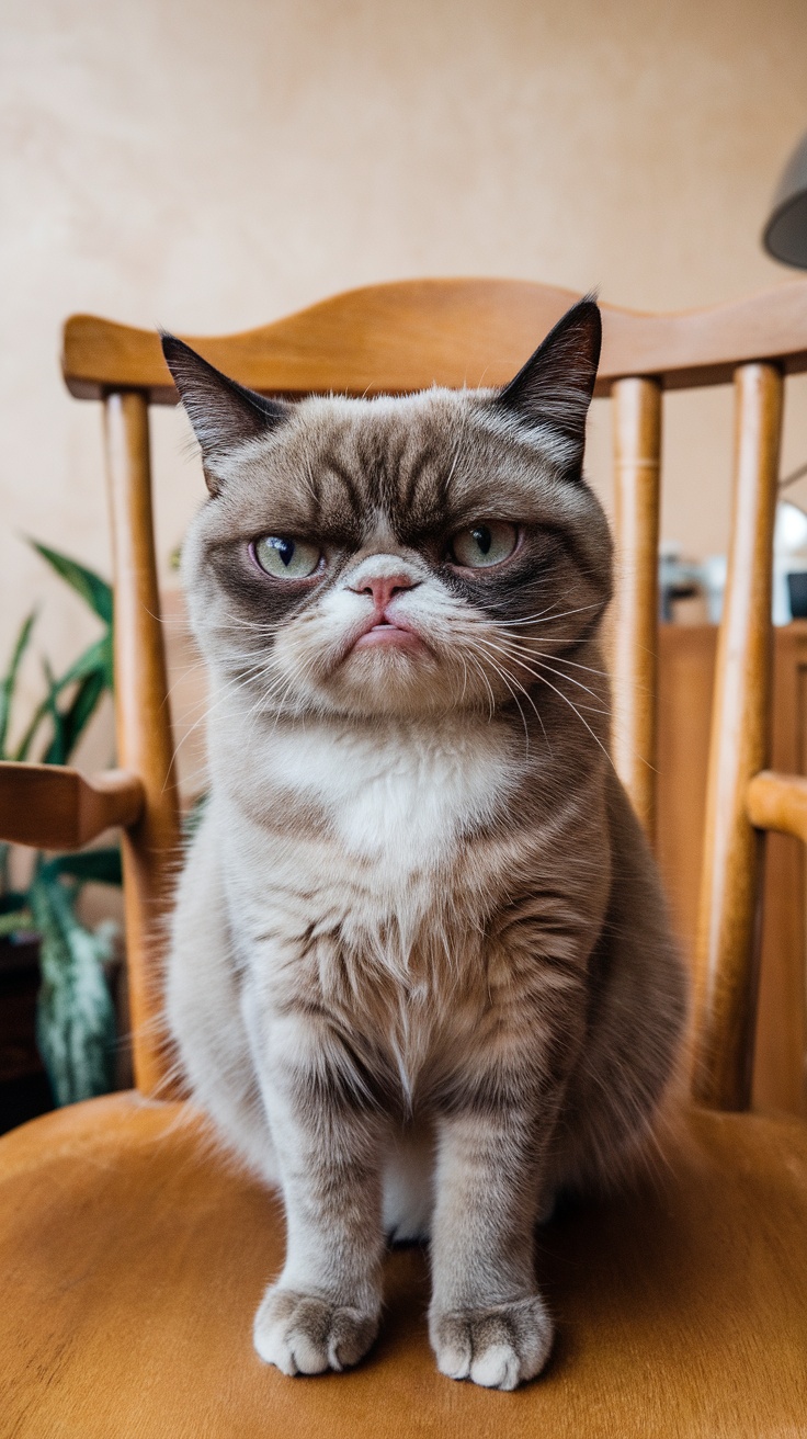 A grumpy-looking cat sitting on a chair.
