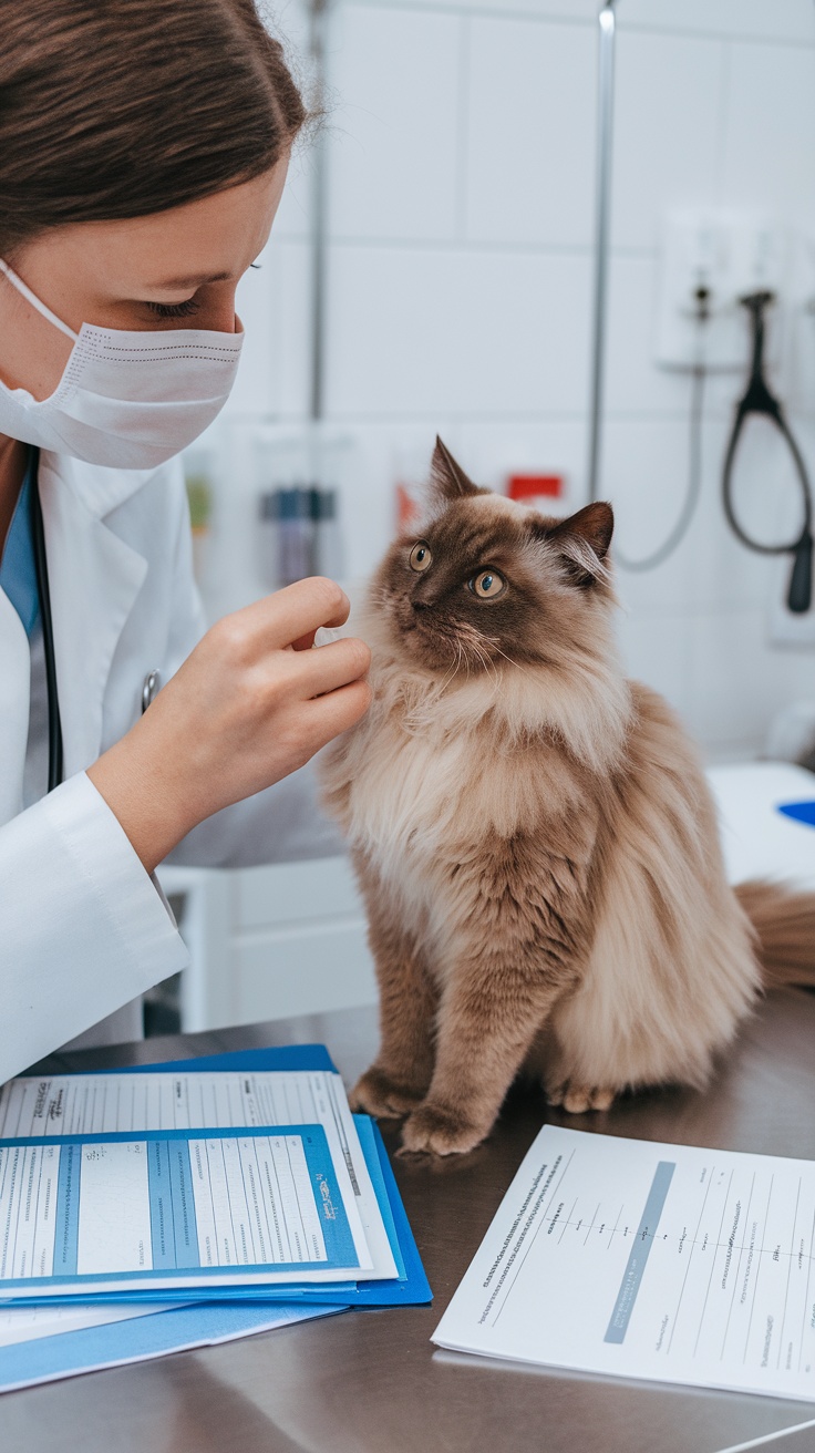 A brown Ragdoll cat sitting on a vet's table, receiving care from a veterinarian.