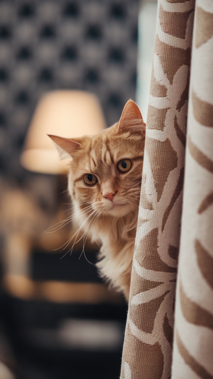 A cat peeking from behind a curtain, showcasing its hide and seek skills.