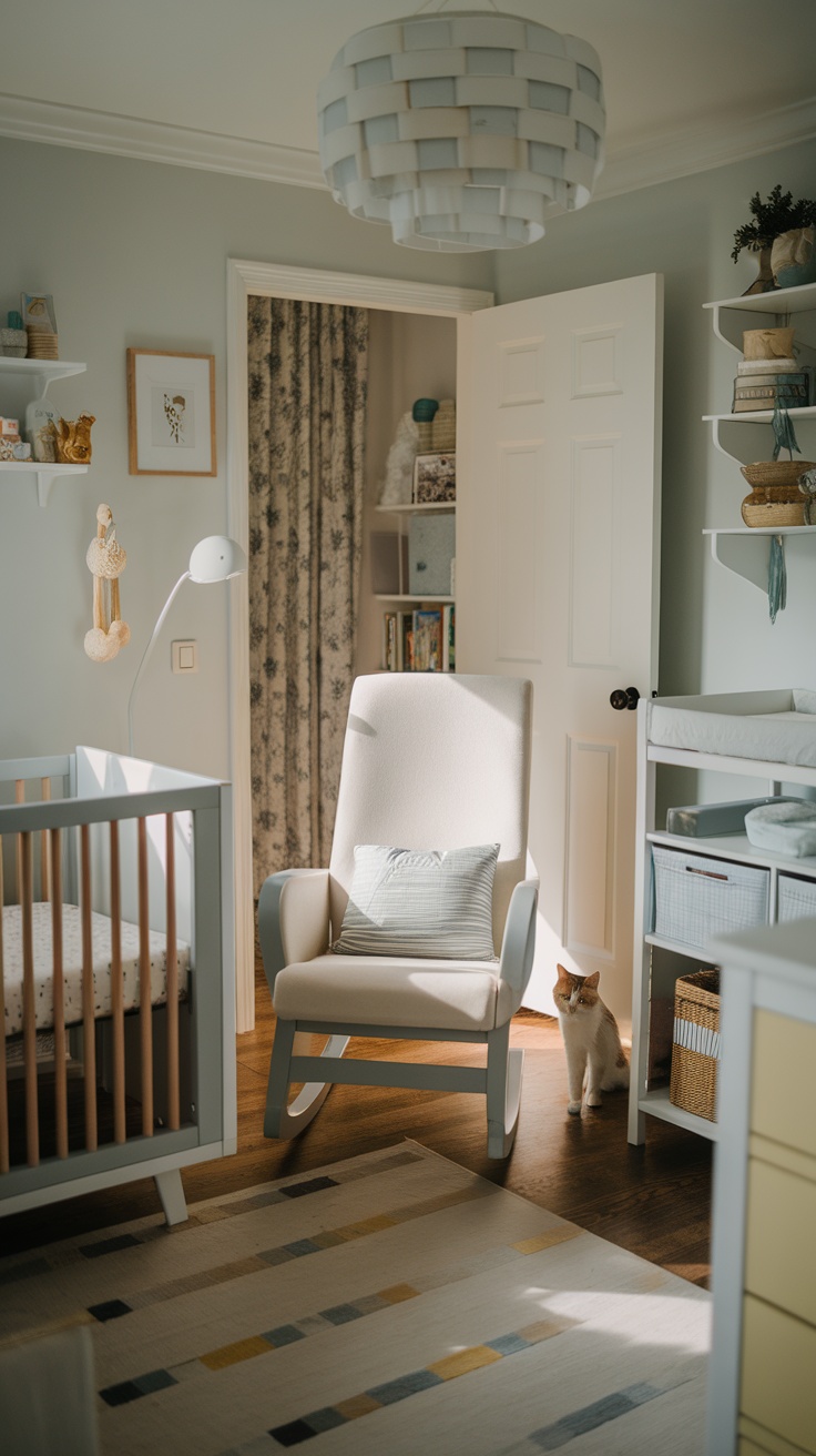 A cozy nursery featuring a crib, a rocking chair, and a curious cat by the door, emphasizing the need to keep baby items free from pets.