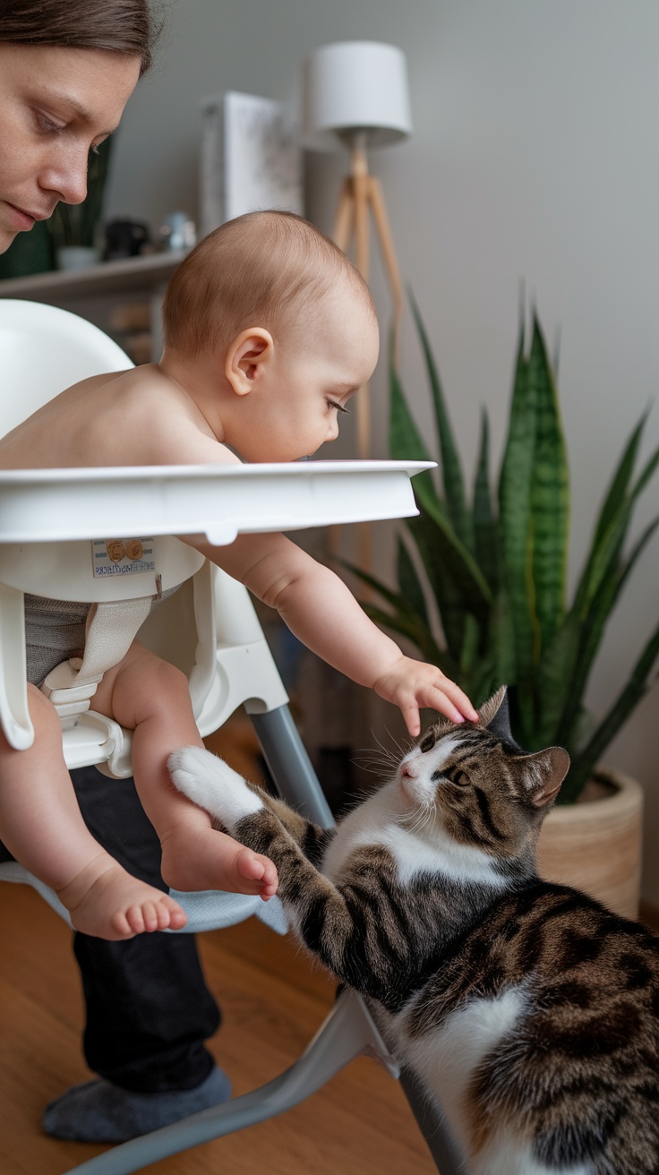 A baby reaching out to touch a cat while seated in a high chair, showcasing a moment of curiosity.