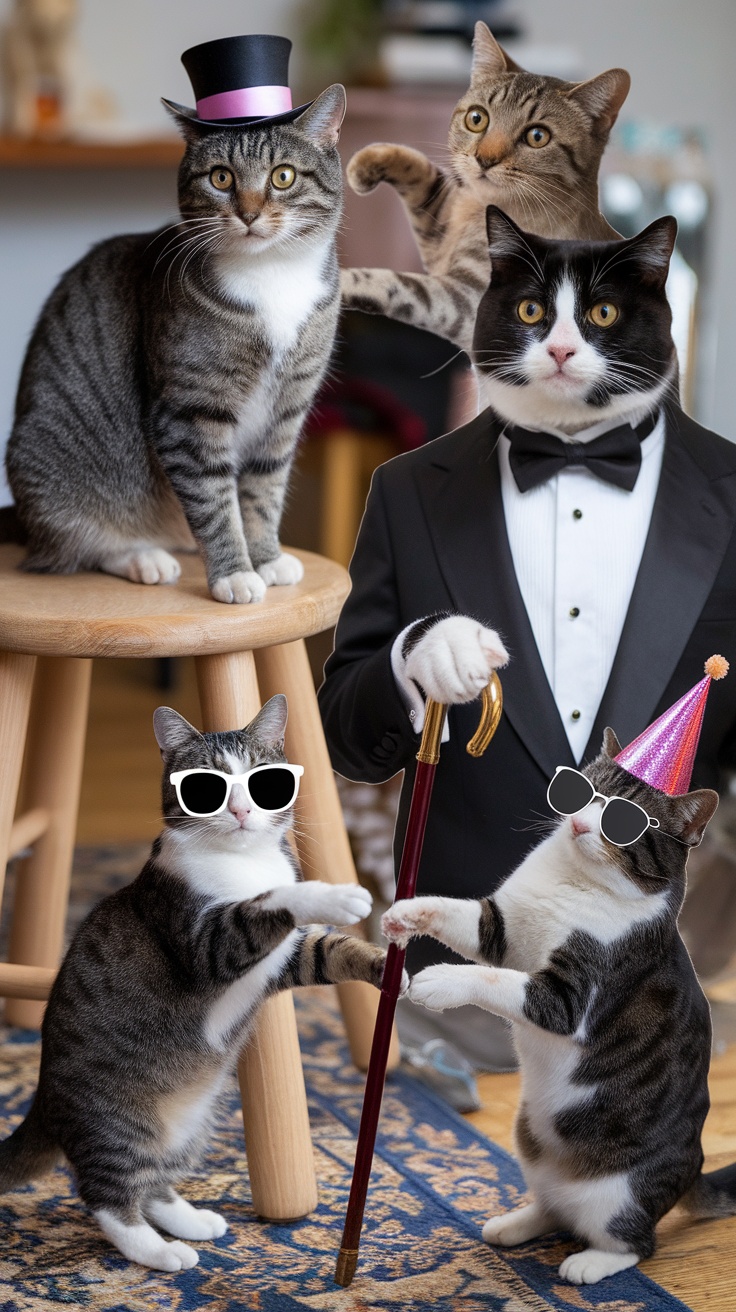 Funny cats dressed up in various costumes, posing in a humorous way