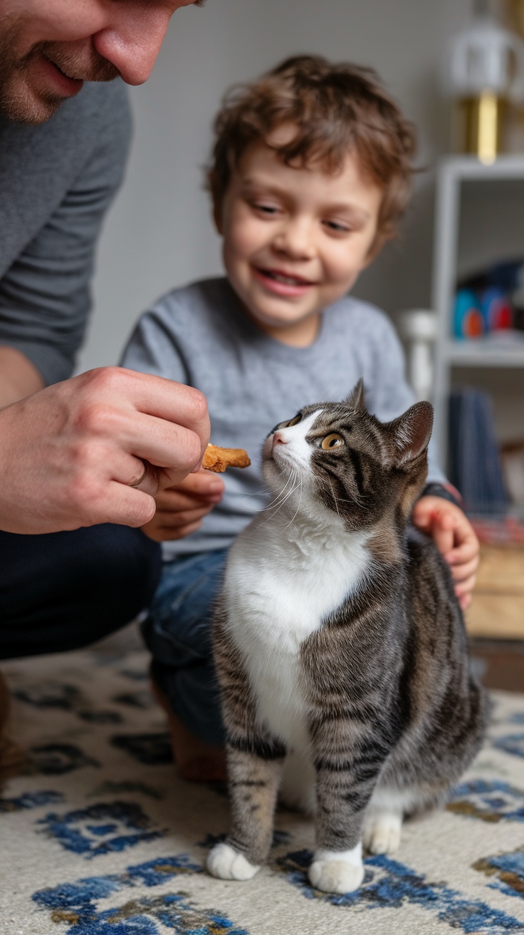 A child is happily feeding a cat a treat, demonstrating a positive interaction between a pet and a young child.