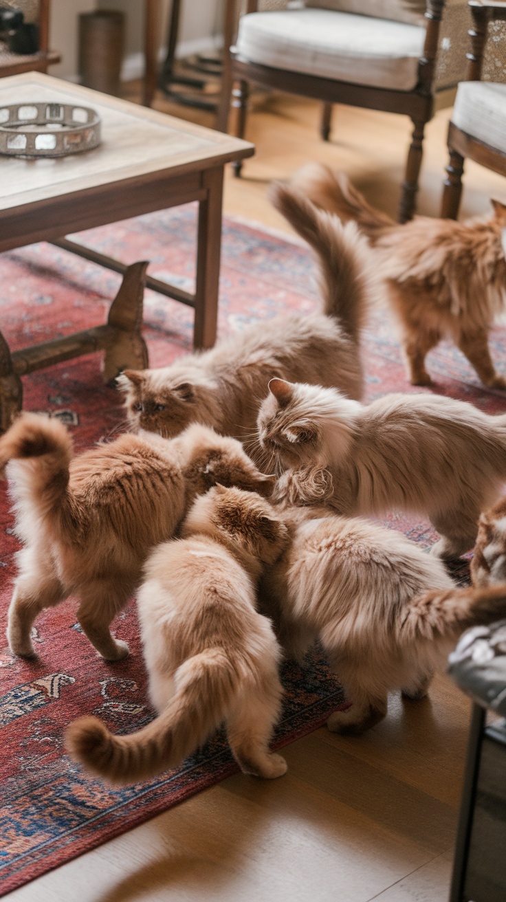 A group of playful brown Ragdoll cats interacting in a cozy indoor setting.