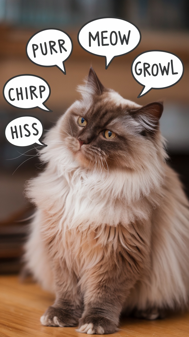 A brown Ragdoll cat surrounded by speech bubbles indicating different sounds: purr, meow, growl, chirp, hiss.