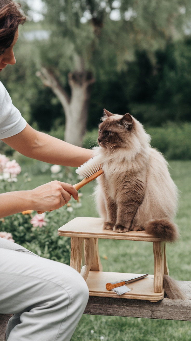 A person grooming a brown Ragdoll cat on a small wooden platform, surrounded by flowers.