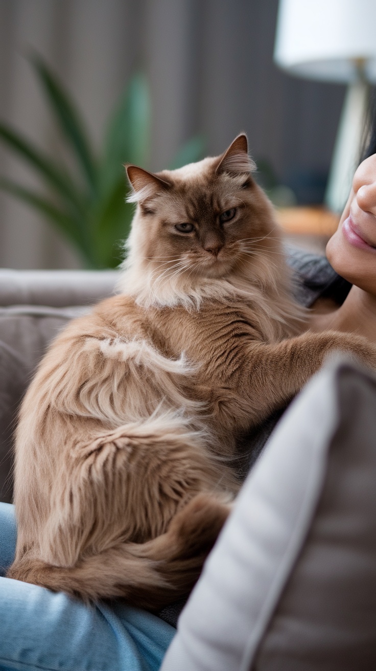A person cuddling a brown Ragdoll cat on a couch.