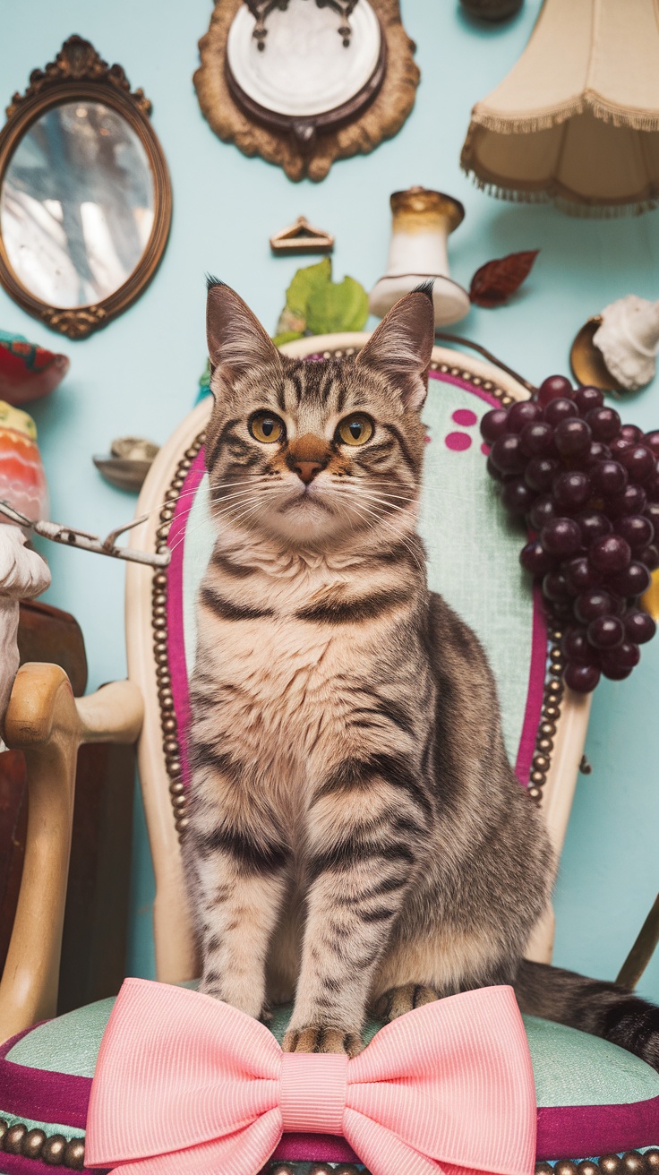 A sassy cat sitting on a chair with a pink bow, surrounded by decorative items.