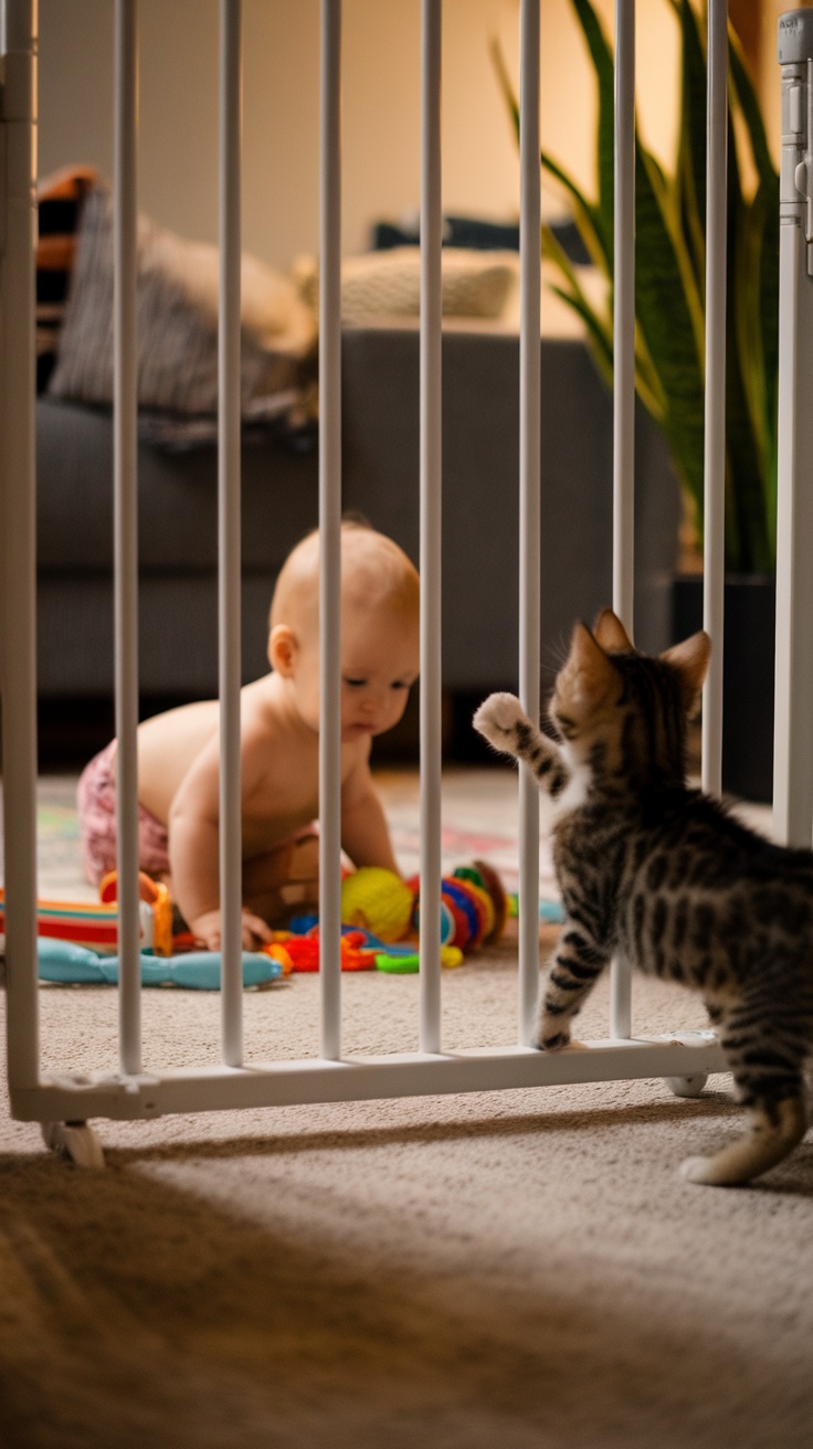 A baby playing on a mat with toys, while a cat reaches out through a safety gate.
