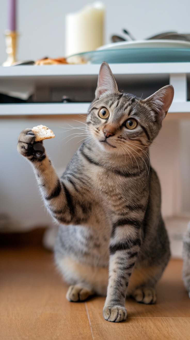A cat holding a snack with a curious expression.