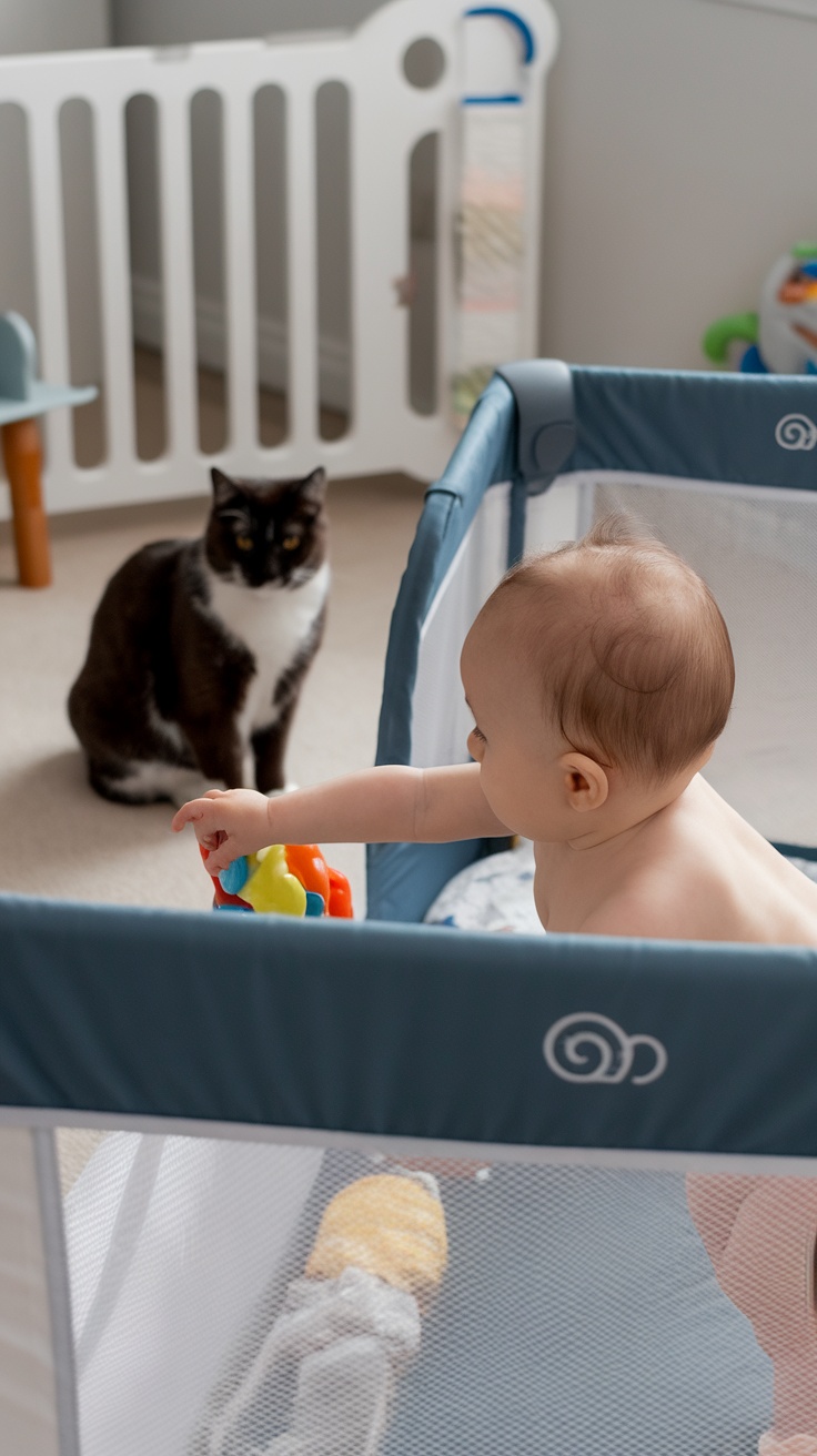 A baby in a playpen reaching for a toy while a cat watches from a distance.