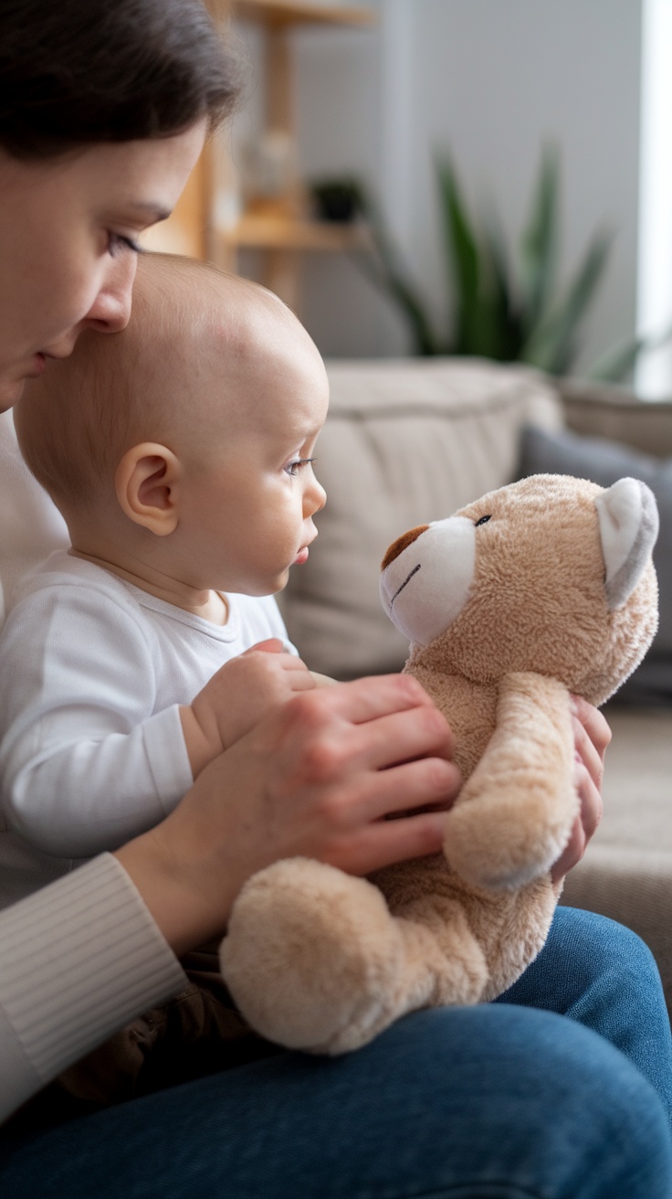 A caregiver and a baby look at a teddy bear together, emphasizing gentle touch.