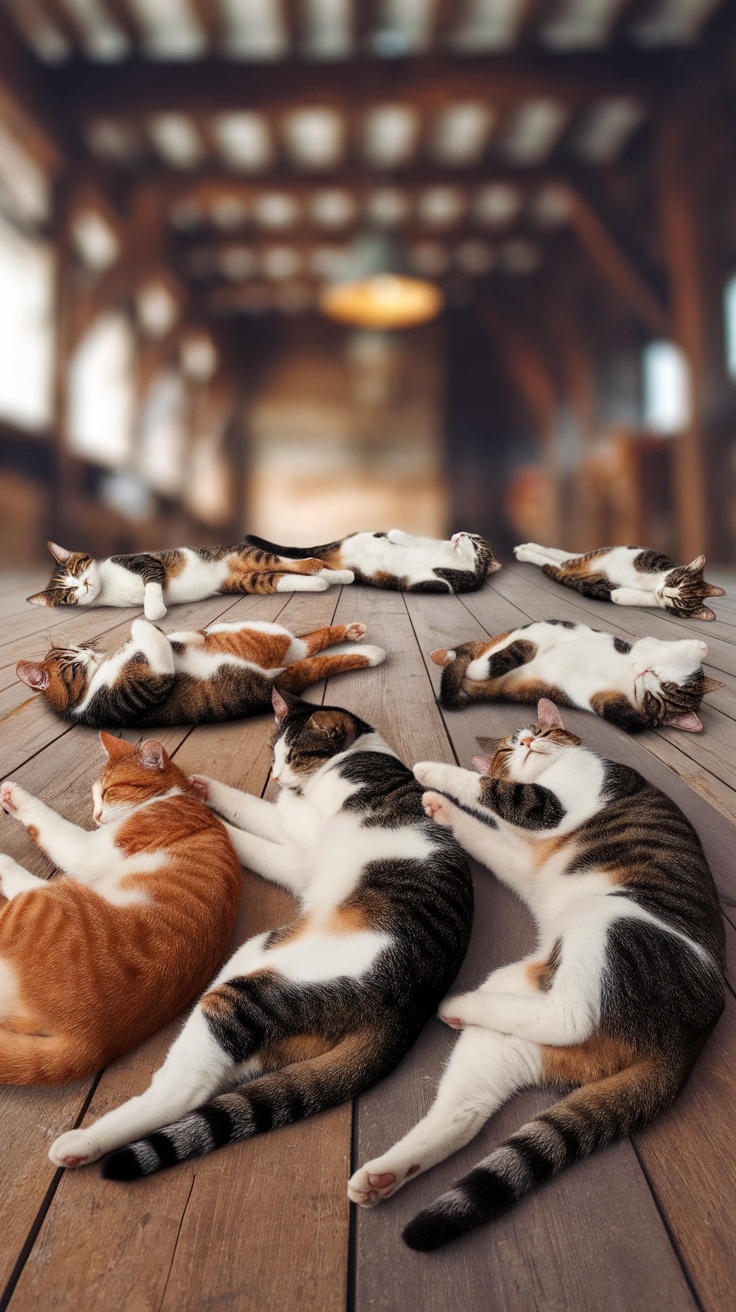 A group of sleeping cats in various poses on a wooden floor.