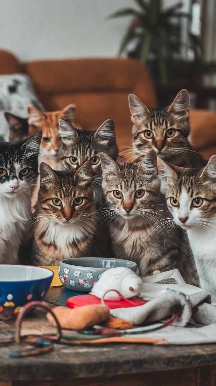 A group of cats looking curiously at the camera.