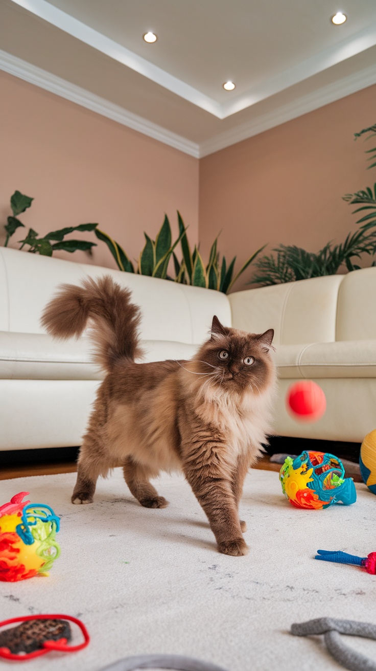 A playful Chocolate Ragdoll cat surrounded by various colorful toys.