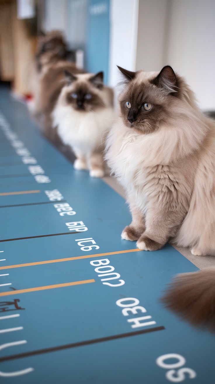 A blue-eyed brown Ragdoll cat sits prominently in the foreground, with other Ragdolls in the background, all positioned near a measurement scale.