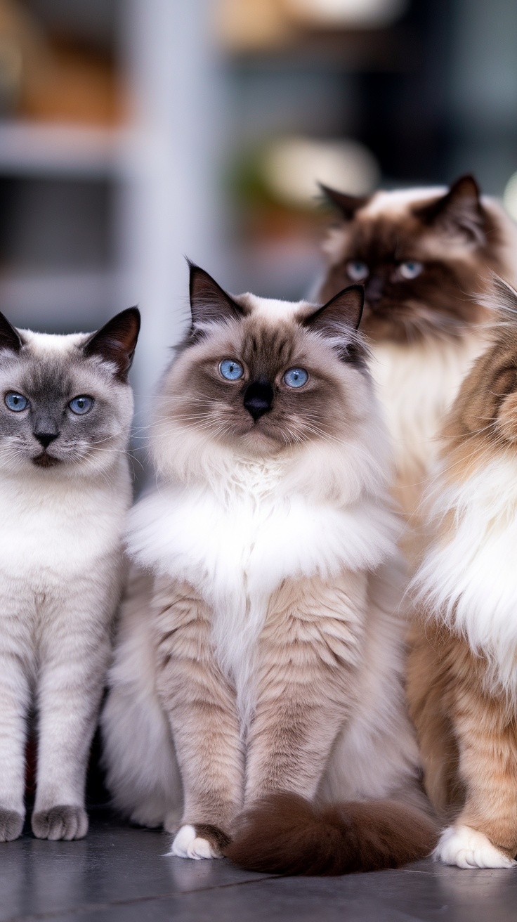 A group of four Ragdoll cats with varying fur colors, showcasing their unique physical characteristics.