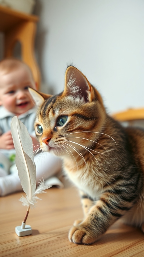 A playful cat with a feather toy and a smiling baby in the background.