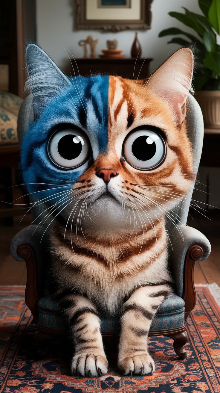 A whimsical cat with distinct coloring, sitting in a small chair, looking curiously at the camera.
