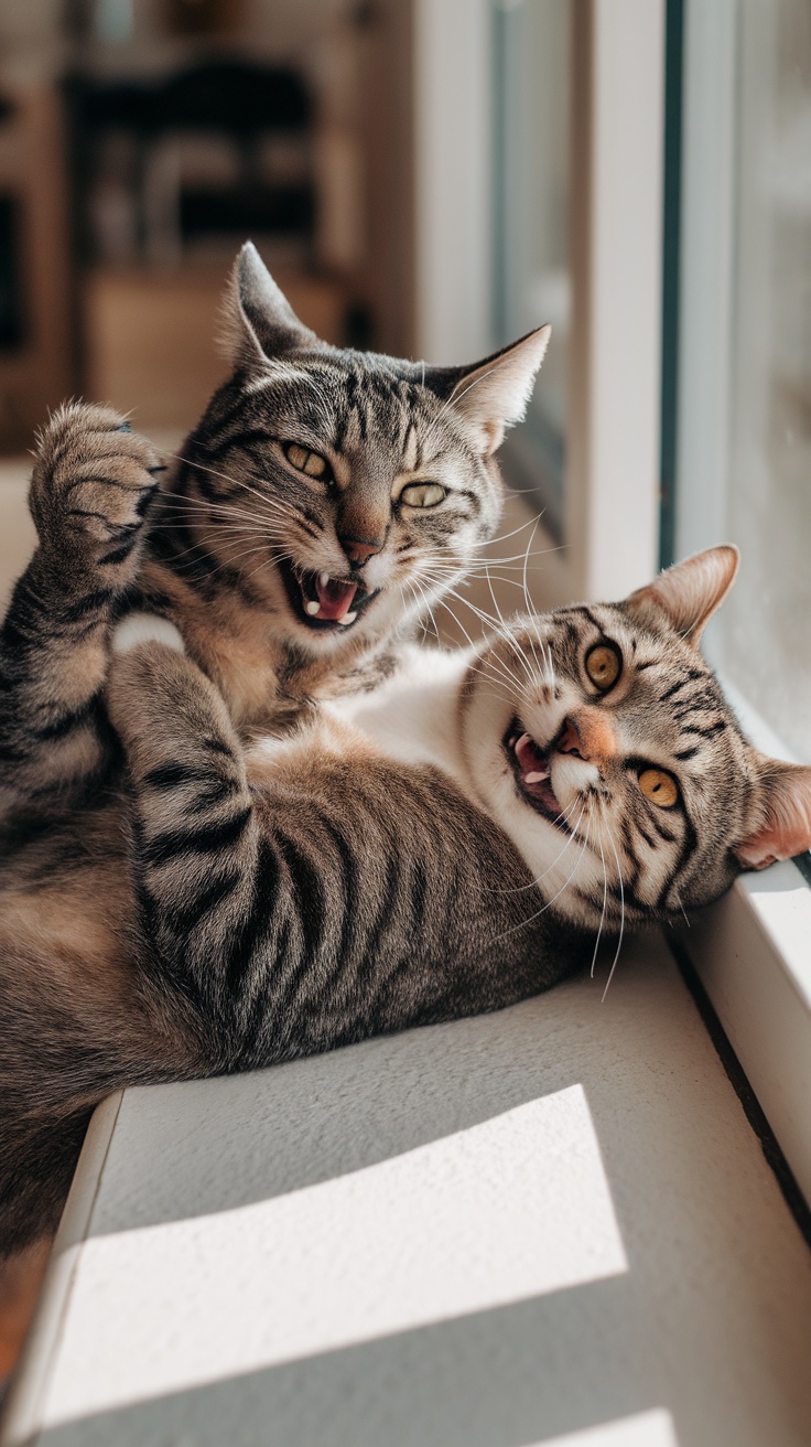 Two cats playfully fighting for space in a sunlit area, showing their unique expressions.