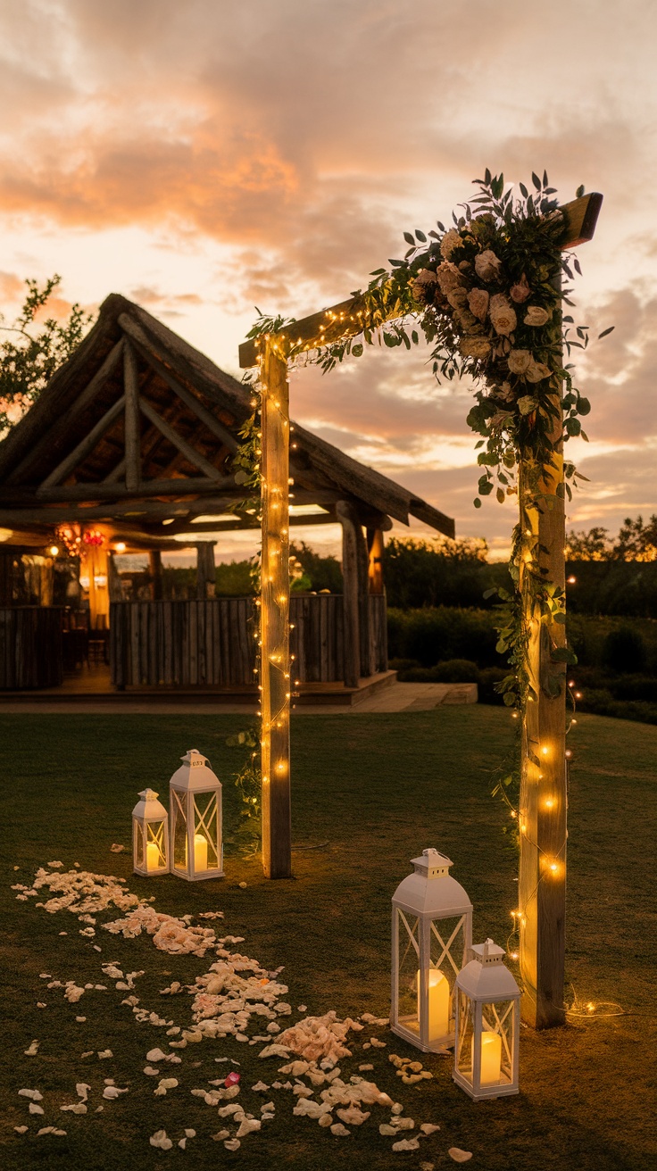Un couple se marie sous des lanternes et des lumières au crépuscule.