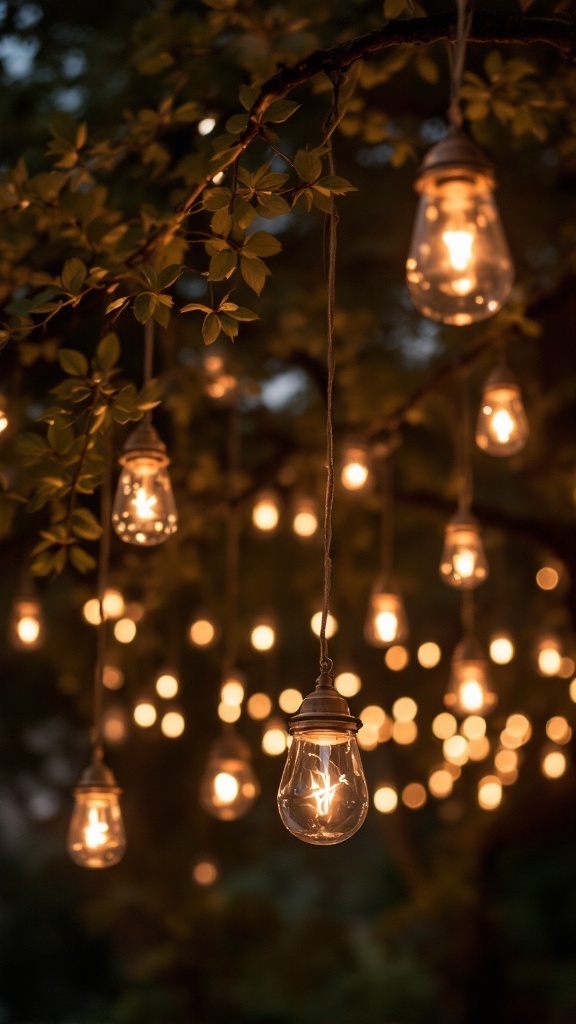 Lanternes en verre suspendues avec des bougies à l'intérieur, illuminant un chemin de mariage.