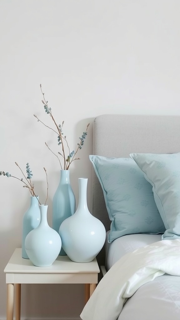 Chambre cocooning avec des accessoires en bleu pastel, y compris des vases et des coussins