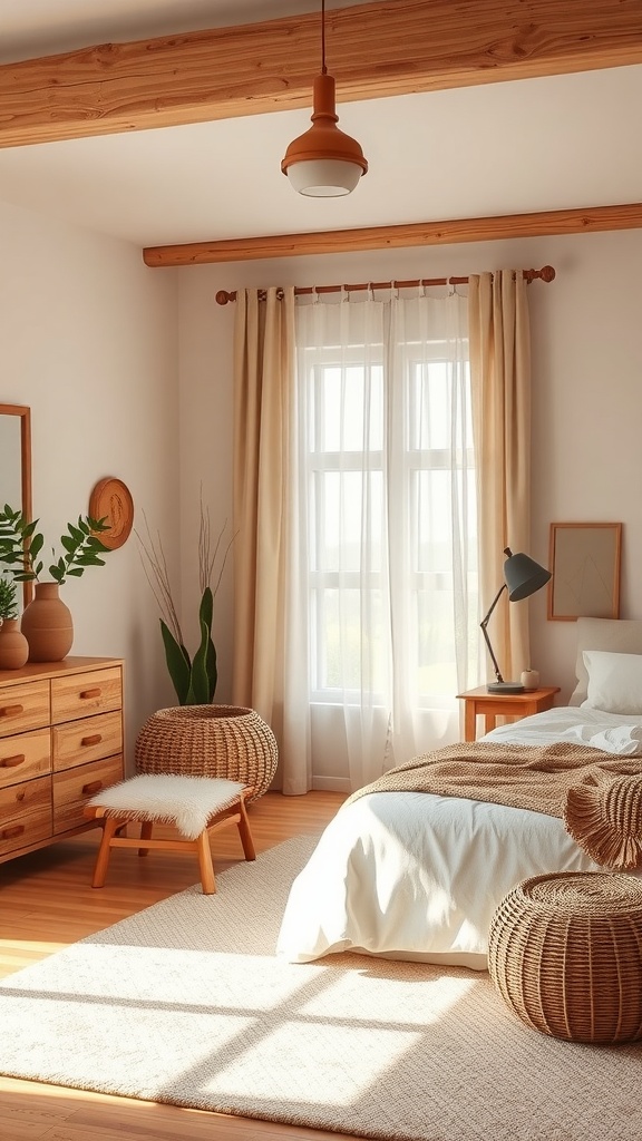 Chambre cocooning beige avec des accessoires en bois naturel et rotin