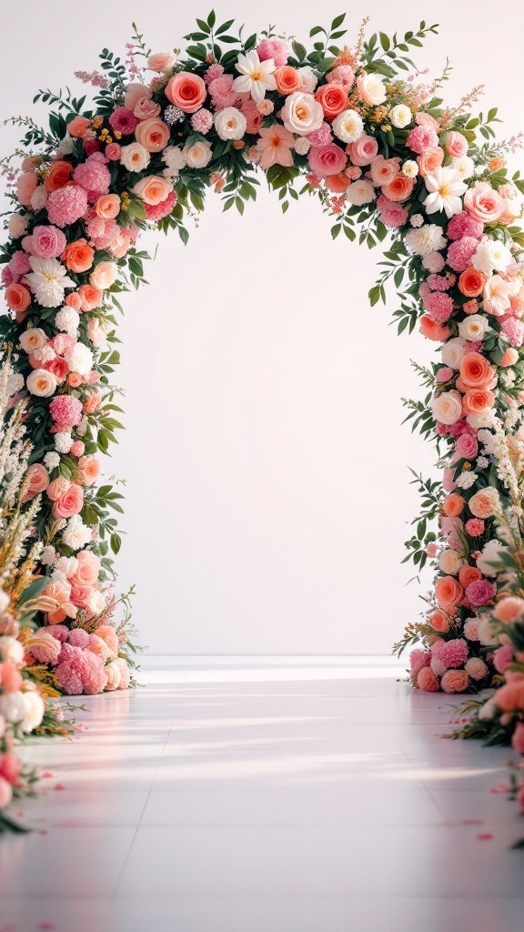 Arche florale colorée pour un mariage, ornée de roses et de fleurs variées.