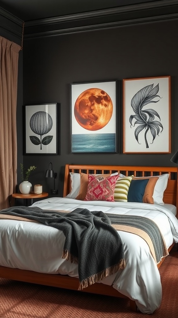 Chambre avec art mural inspirant et décoration élégante.