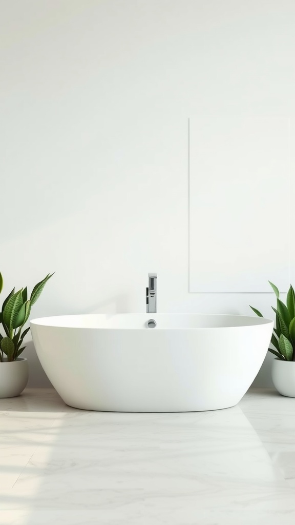 Baignoire autoportante blanche dans une salle de bains moderne avec des plantes.