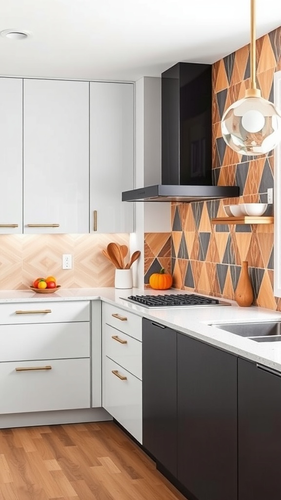 A modern kitchen featuring a bold geometric backsplash with warm colors.