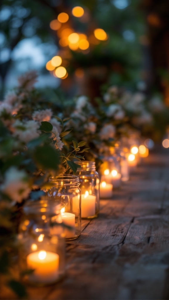 Bougies dans des bocaux en verre sur une table en bois, avec une décoration florale