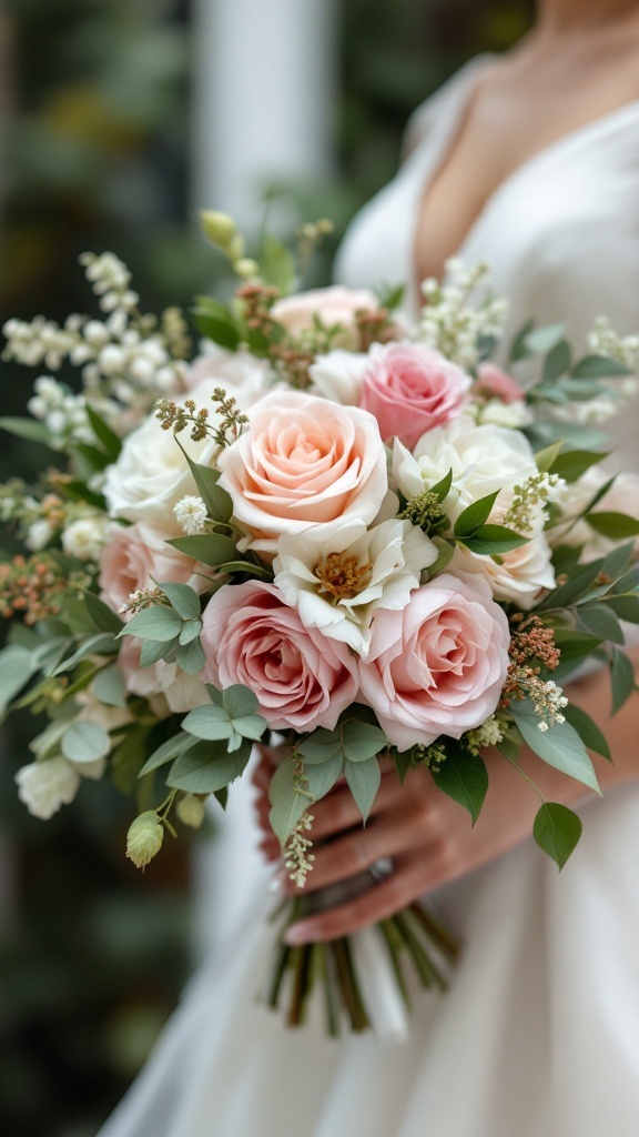 Bouquet de mariée composé de roses et de verdure