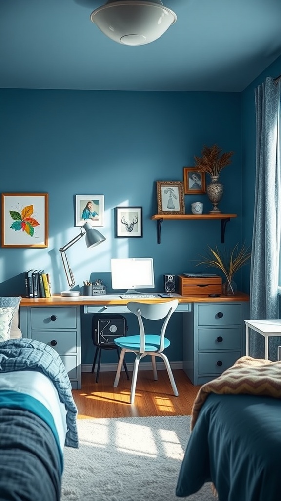 Bureau cosy dans un coin bleu avec une chaise et des décorations murales